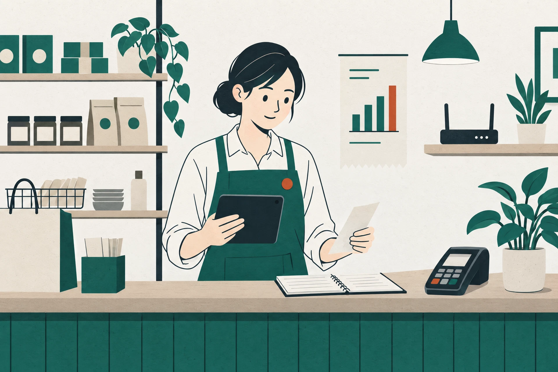 店舗のカウンターでタブレットとレシートを見ながら支払いを確認する店舗オーナーのイラスト